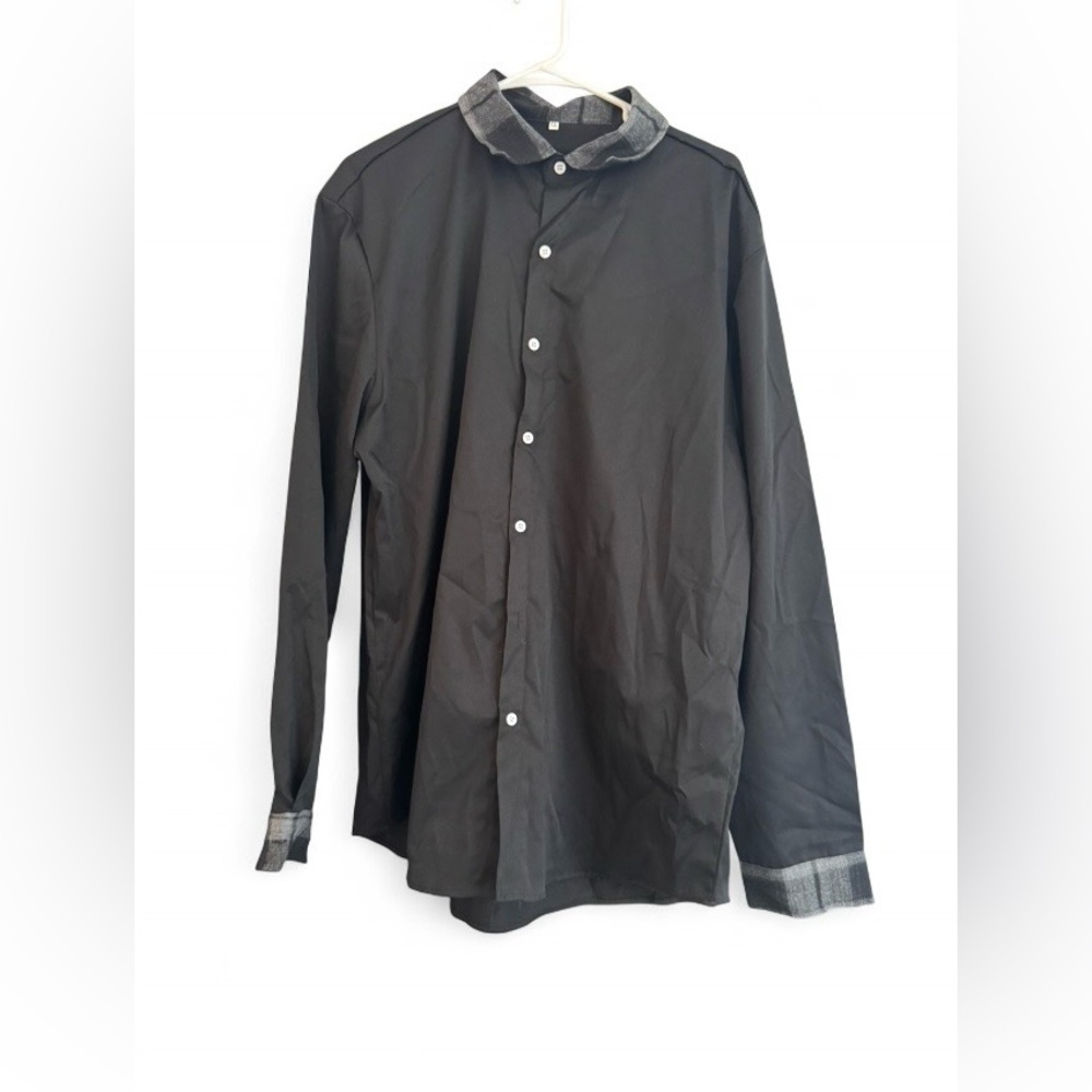 New Black Long Sleeve Button Down Shirt with Plaid Collar and Cuffs XXL